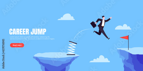 Businessman jumps over the abyss across the cliff flat style design vector illustration. Business concept of fearless businessman with huge courage. Risk, goal achievement, work obstacles and success.