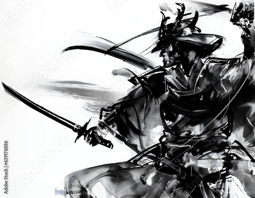 横向きに二刀を構える侍-Generative AI