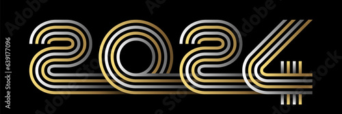Bannière pour le Nouvel an 2024 avec une création de chiffres modernes formés de plusieurs lignes or et argent sur fond noir.