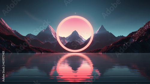 Abstract neon background with geometric circle shape, Beautiful frame and extraterrestrial landscape under the night sky and Rocks. Futuristic minimalist wallpaper. Created with Generative AI.