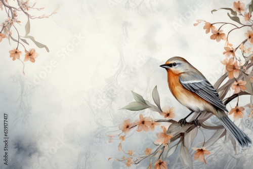 Spring garden. Bird on a branch of apple blossoms. Nature vintage retro wallpaper. Design for fabric, textile, paper  photo