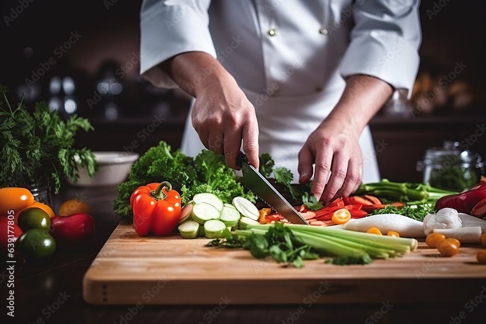 a chef holding a knife while he cuts vegetables on a board, Generative AI a chef holding a knife while he cuts vegetables on a board, Generative AI
