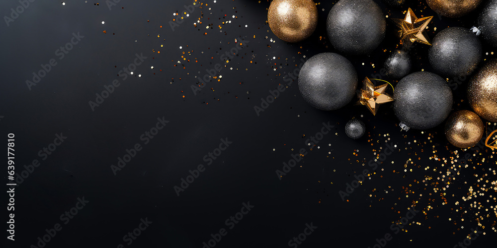 Luxury Christmas and New Years background. Flat lay design with christmas balls, golden decoration. Top view. Layout. Template, poster, banner,cover, brochure. Generative ai Luxury Christmas and New Years background. Flat lay design with christmas balls, golden decoration. Top view. Layout. Template, poster, banner,cover, brochure. Generative ai