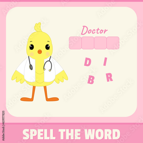 Educational alphabet game material for children. Spell the word, playing card for kids. Doctor bird illustration, vector design. Funny concept with pink background colors. (ID: 639177820)