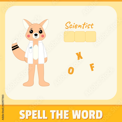 Educational alphabet game material for children. Spell the word, playing card for kids. Scientist fox illustration, vector design. Funny concept with pink background colors. (ID: 639177863)
