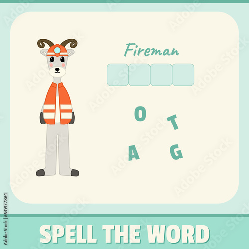 Educational alphabet game material for children. Spell the word, playing card for kids. Fireman goat illustration, vector design. Funny concept with turquoise background colors. (ID: 639177864)