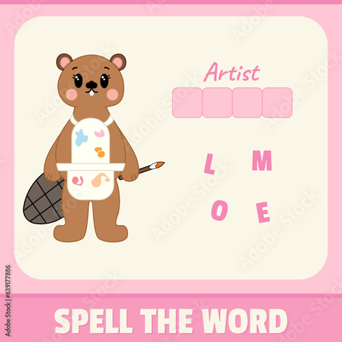 Educational alphabet game material for children. Spell the word, playing card for kids. Artist mole illustration, vector design. Funny concept with pink background colors. (ID: 639177886)