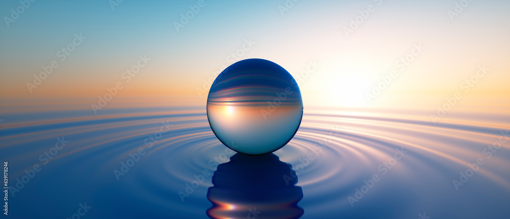 Glass sphere in calm ocean with evening sun with horizon - tranquil scenery	
 - obrazy, fototapety, plakaty 