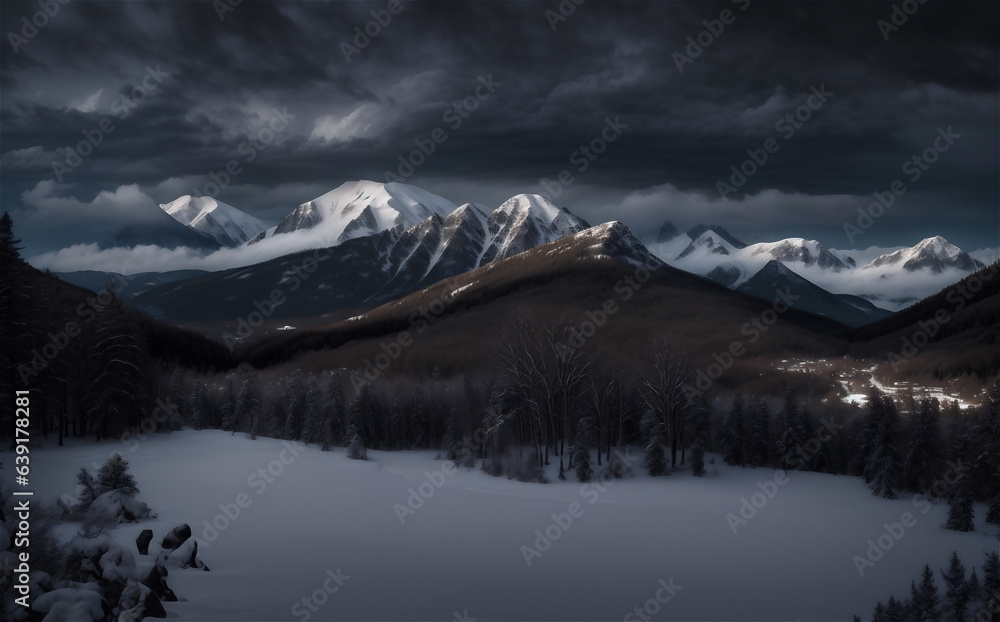Fototapeta premium The mountain top winter covered with clouds. Mountain landscape.