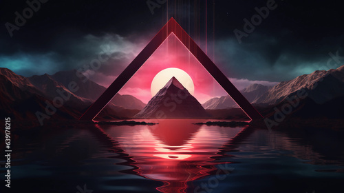 Abstract neon background with geometric triangle shape  Beautiful frame and extraterrestrial landscape under the night sky and Rocks. Futuristic minimalist wallpaper. Created with Generative AI.