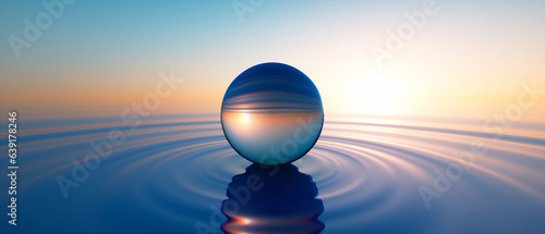 Glass sphere in calm ocean with evening sun with horizon - tranquil scenery	
 photo