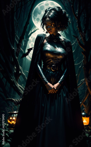 Halloween themed illustration of beautiful woman holding evil Jack o Lantern carved pumpkin