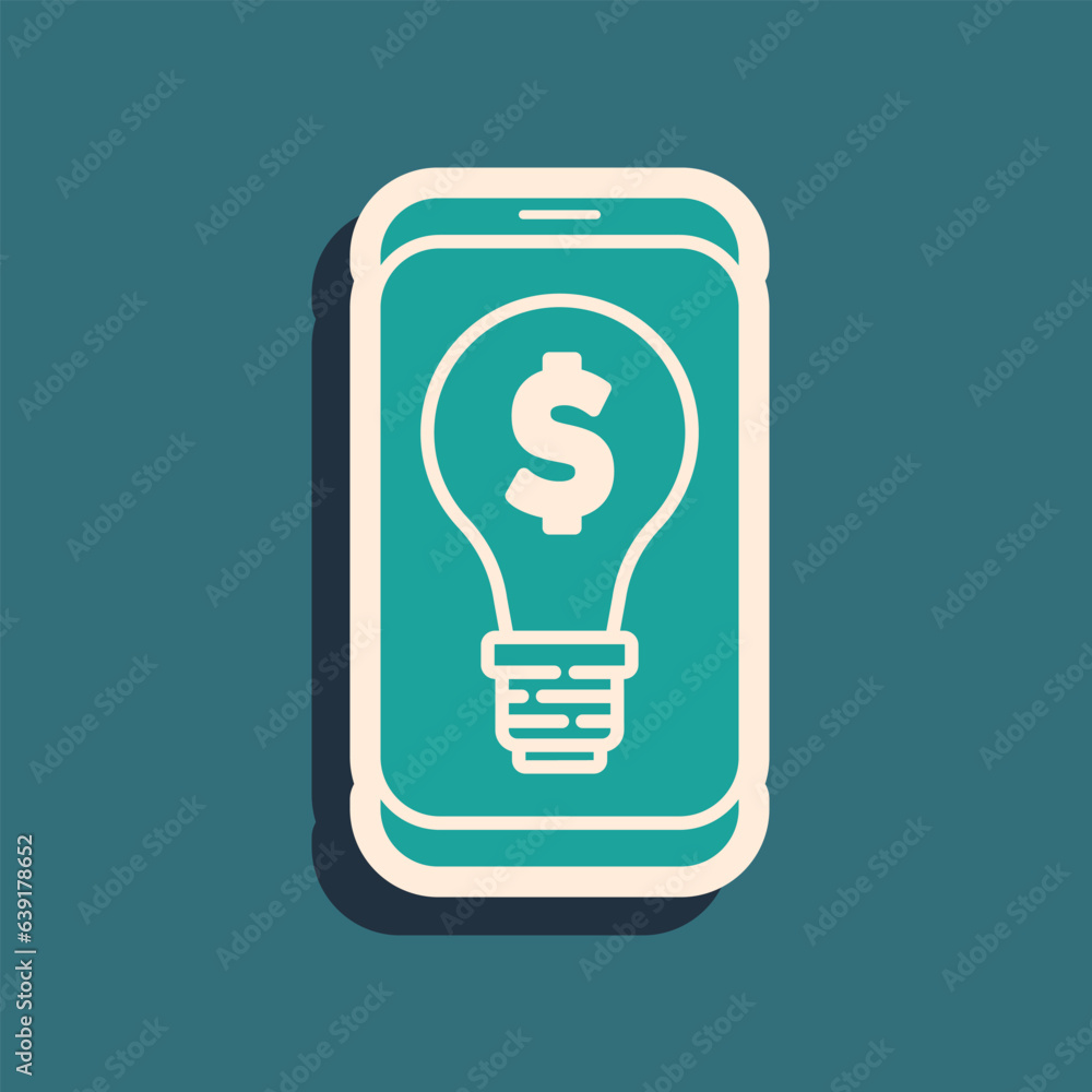 Green Business light bulb with dollar on smartphone screen icon isolated on green background. User touch screen. Long shadow style. Vector Green Business light bulb with dollar on smartphone screen icon isolated on green background. User touch screen. Long shadow style. Vector