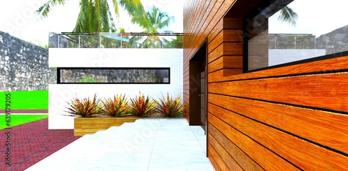 Concrete porch of the cozy house. Facade board finishing. Green lawn and stone fence around the territory. 3d rendering.