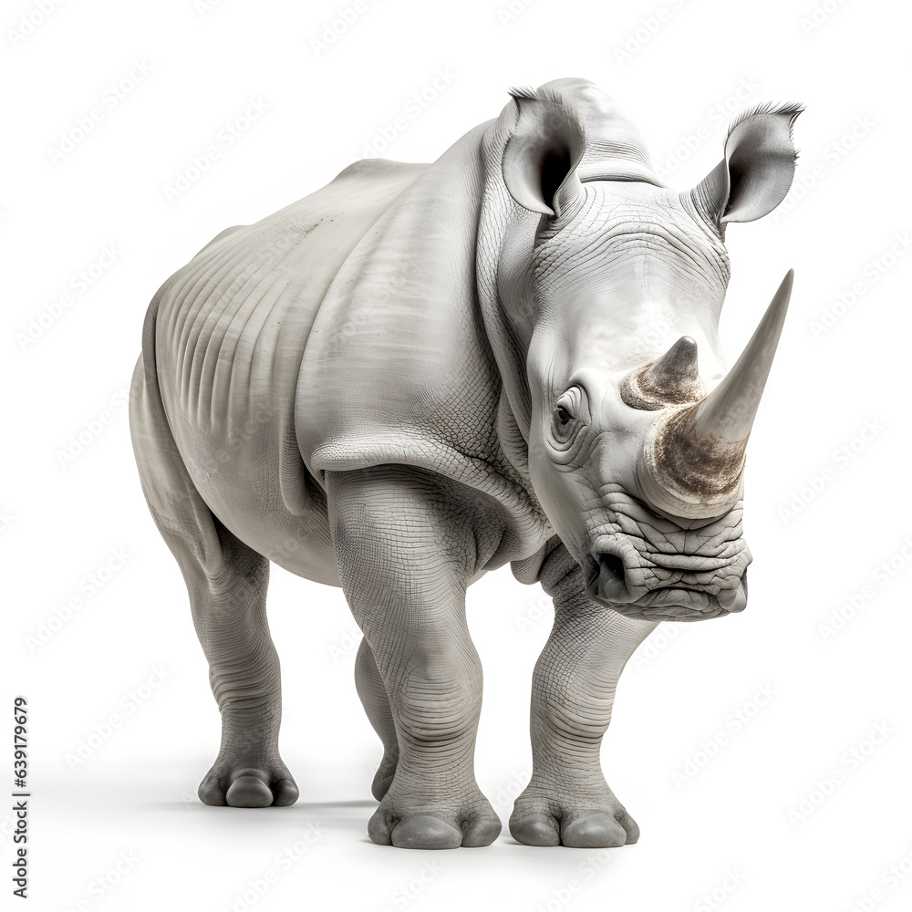 Side view of a young white rhino isolated on a white background.