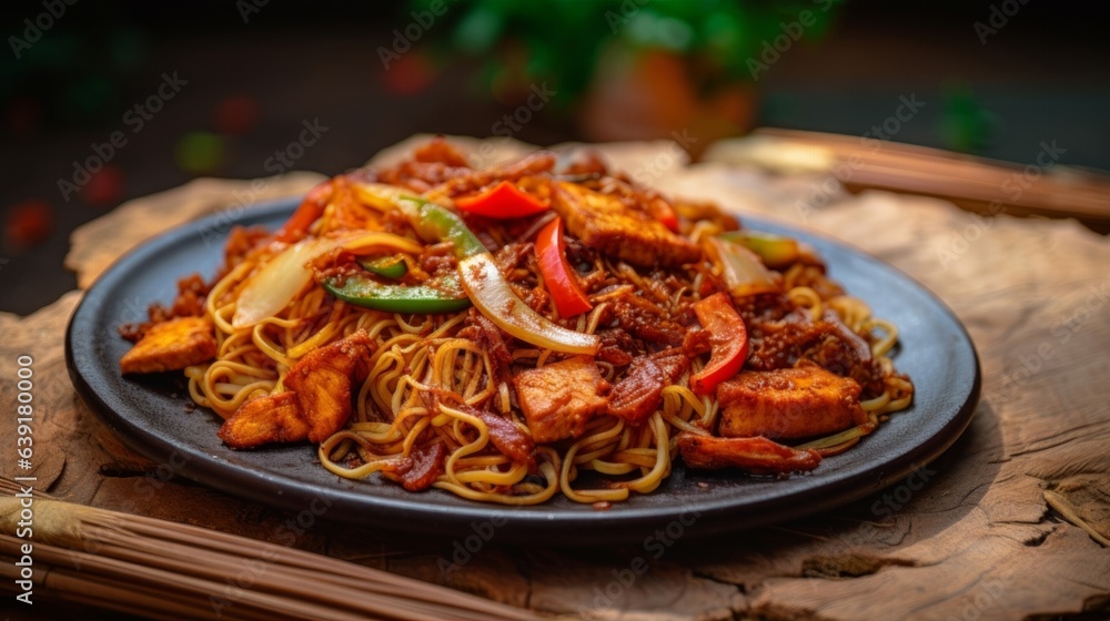stir-fried noodles with crispy tofu and chili flakes, served on a bamboo mat stir-fried noodles with crispy tofu and chili flakes, served on a bamboo mat