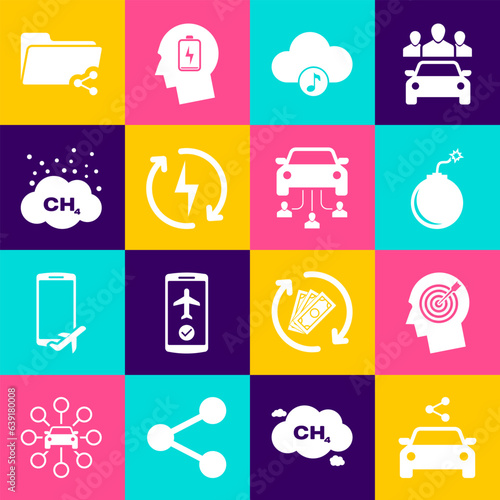 Set Car sharing, Head hunting concept, Bomb ready to explode, Music streaming service, Recharging and Methane emissions reduction icon. Vector