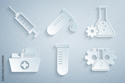 Set Test tube or flask, Bioengineering, Health record folder, , with drop of blood and Syringe icon. Vector