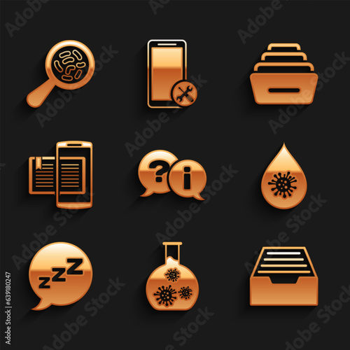 Set Question and Exclamation, Test tube with virus, Drawer documents, Dirty water drop, Speech bubble snoring, Smartphone book, and Microorganisms under magnifier icon. Vector