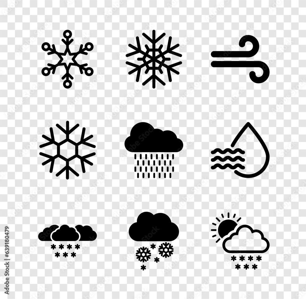 Set Snowflake, Wind, Cloud with snow, and and sun icon. Vector Set Snowflake, Wind, Cloud with snow, and and sun icon. Vector
