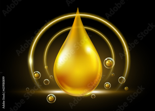 Serum oil drop essence for cosmetic products Golden yellow oil droplets surrounded by molecular bubbles. Realistic illustration vector file.