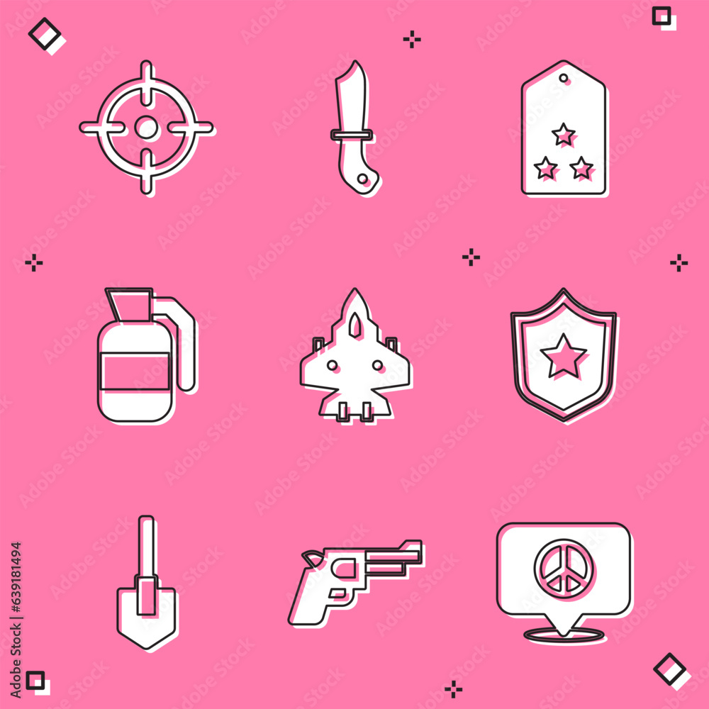 Set Target sport, Military knife, rank, Hand grenade, Jet fighter, Police badge, Shovel and Pistol gun icon. Vector Set Target sport, Military knife, rank, Hand grenade, Jet fighter, Police badge, Shovel and Pistol gun icon. Vector