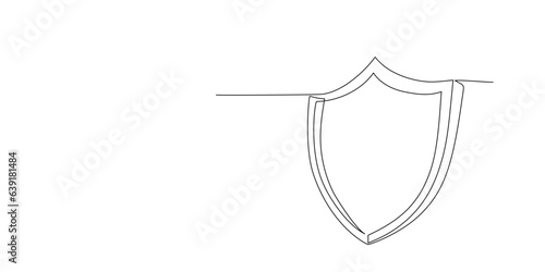 Continuous single line drawing of shield. One line protect linear symbol. Safety, insurance concept. Guard drawing sign. Abstract background. Doodle hand drawn protection icon Vector illustration