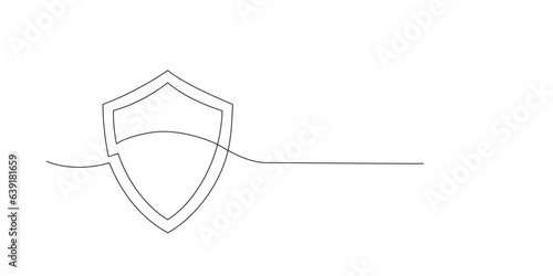 Continuous single line drawing of shield. One line protect linear symbol. Safety, insurance concept. Guard drawing sign. Abstract background. Doodle hand drawn protection icon Vector illustration