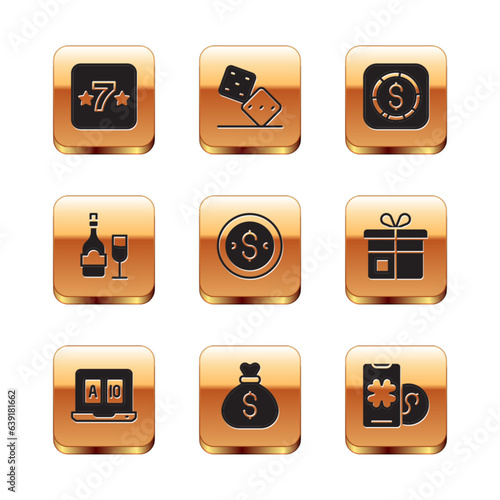 Set Casino slot machine, Online poker table game, Money bag, Coin money with dollar, Champagne bottle glass, and Game dice icon. Vector