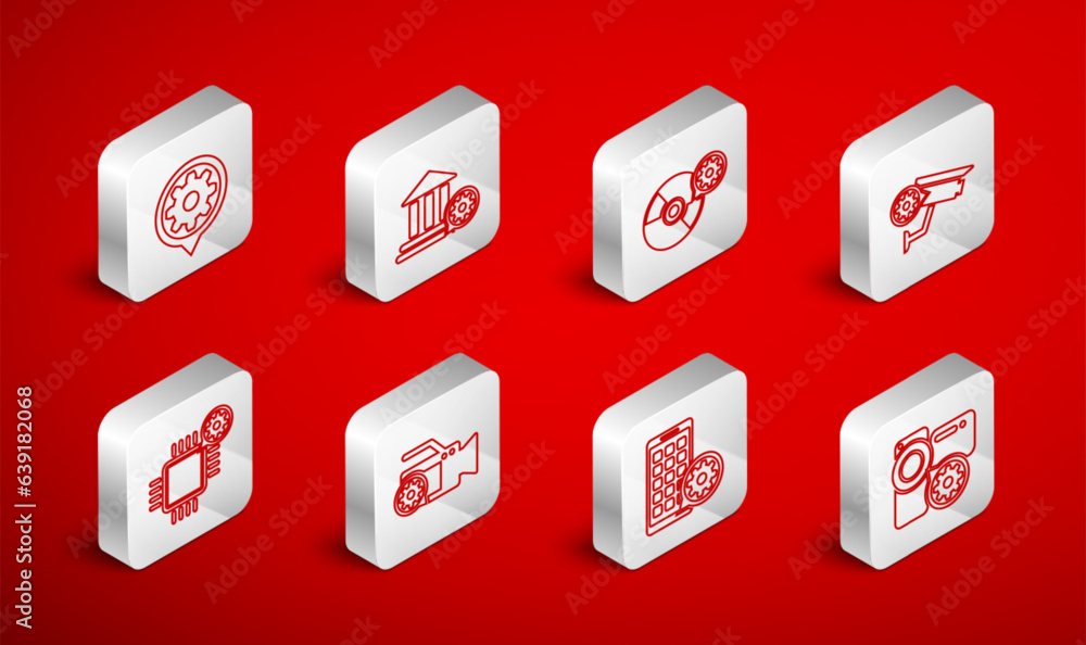 Set line Video camera setting, Bank building, CD or DVD disk, Security, Mobile Apps, Setting, and Processor icon. Vector