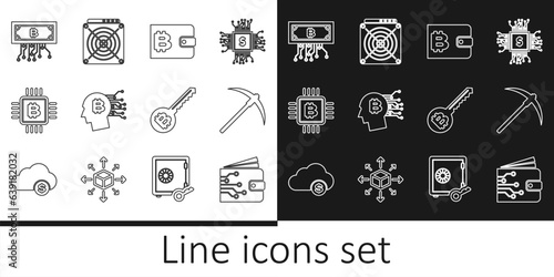 Set line Cryptocurrency wallet, Pickaxe, Bitcoin think, CPU mining farm, bitcoin with circuit, key and ASIC Miner icon. Vector