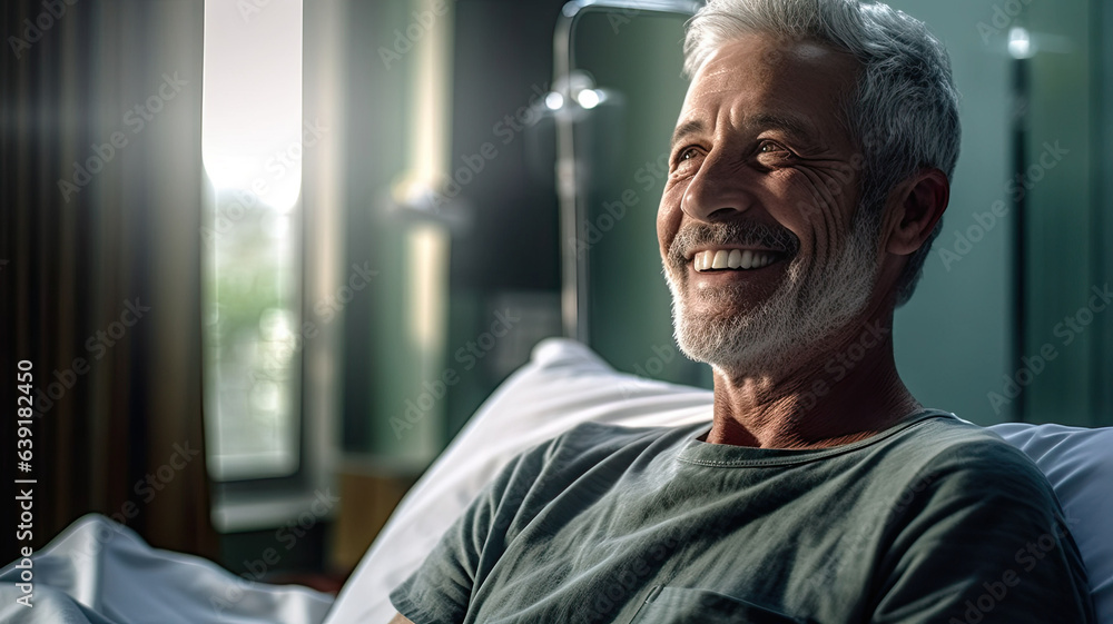 Fototapeta premium Senior male patient lying satisfied smiling at modern hospital patient bed.generative ai