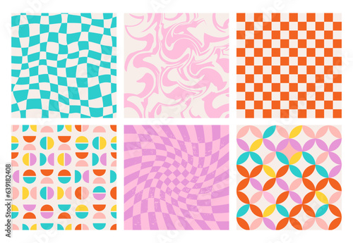 Groovy seamless pattern set with waves, checkerboard. Psychedelic geometric abstract vector backgrounds in 1970s hippie retro style for print on textile, wrapping paper, web. Retro illustrations