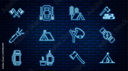 Set line Tourist tent with flag, Compass, Flashlight, Crossed wooden axe, Slingshot and Rafting boat icon. Vector