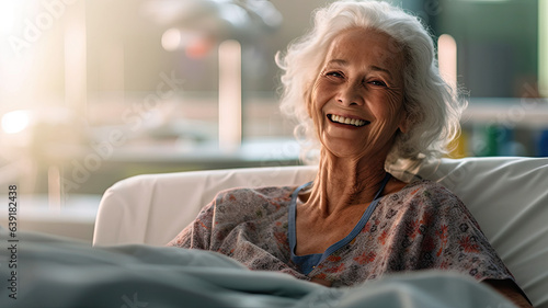 Senior female patient lying satisfied smiling at modern hospital patient bed.generative ai photo
