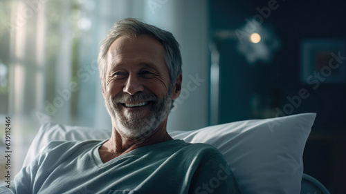 Senior male patient lying satisfied smiling at modern hospital patient bed.generative ai