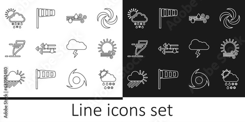Set line Cloud with snow, rain, sun, Wind and, Tornado, Storm and Cone windsock wind vane icon. Vector