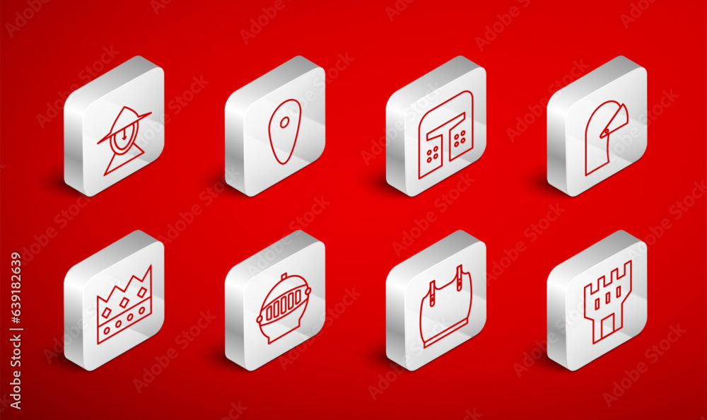 Set line Castle tower, Shield, Medieval iron helmet, Body armor, and King crown icon. Vector Set line Castle tower, Shield, Medieval iron helmet, Body armor, and King crown icon. Vector