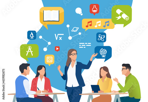 Stream of knowledge. School. Education. Teacher, science flowing icons and pupils. Learning concept vector illustration. 