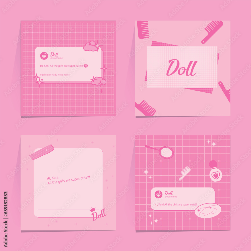 Set of 4 Social Media Post Templates with dialog box on plaid background for photo and quote. Stuff in pink colors in 90's doll style. Pink doll concept .