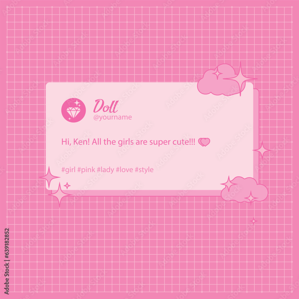 Social media post template with dialog box on checkered background for photos and quotes. Stuff in pink colors in the style of 90s dolls. Pink doll concept .