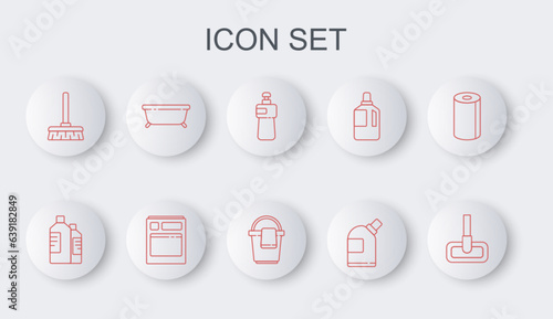 Set line Mop, Bottles for cleaning agent, Dishwashing liquid bottle, Handle broom, Bathtub, Kitchen dishwasher machine and Bucket with rag icon. Vector