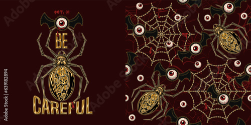 Set of halloween pattern, label with monsters, spider web, metallic robot spider catching flying eye monster with bat wings. Text Be Careful. Surreal vector illustration in steampunk style