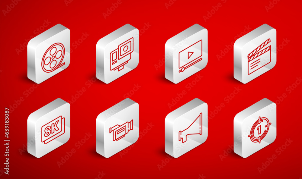 Set line Old film movie countdown frame, Action extreme camera, Online play video, Movie clapper, Megaphone, Film reel, Cinema and 8k Ultra HD icon. Vector Set line Old film movie countdown frame, Action extreme camera, Online play video, Movie clapper, Megaphone, Film reel, Cinema and 8k Ultra HD icon. Vector