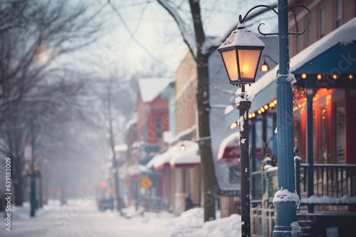 snow covered lamp on street in winter season, heavy snow falling during Chrismas season, Xmas New Year Eve