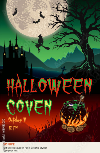 Scary halloween poster with glowing, foggy landscape with mountains, old castle, tree, big moon, grave cross, cauldron with potion, text, editable text effect. Otherworldly, mystical illustration.