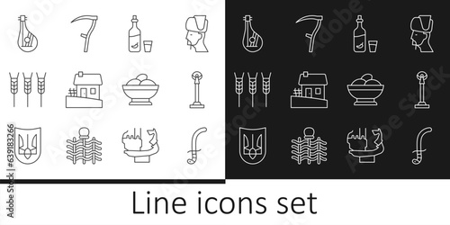 Set line Medieval sword, Monument of Independence, Vodka with pepper and glass, Ukrainian house, Wheat, Bandura, Varenyky bowl and Scythe icon. Vector