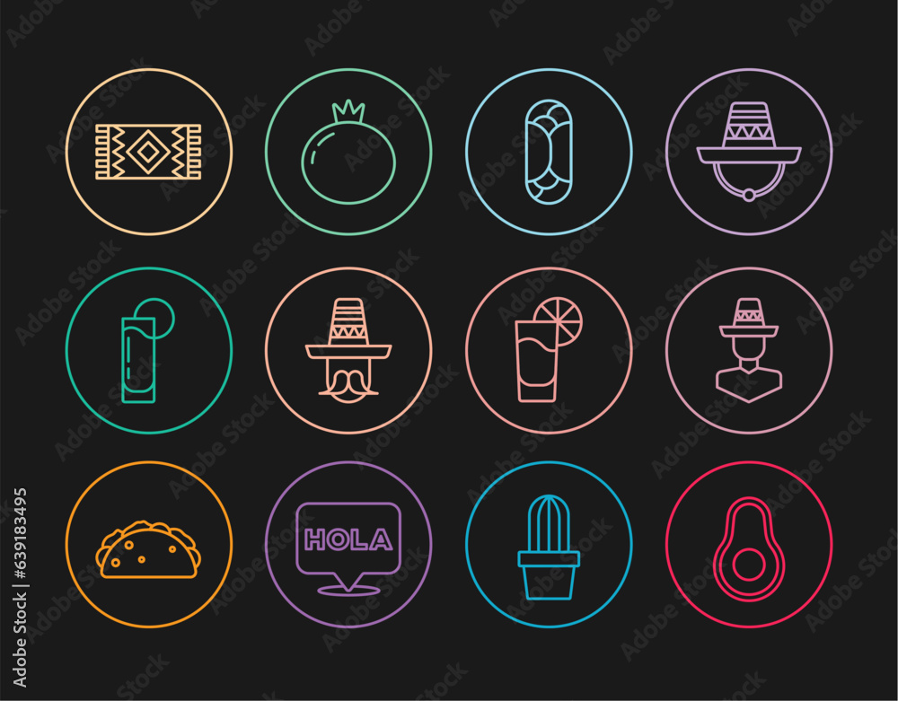 Set line Avocado fruit, Mexican man sombrero, Burrito, Tequila glass with lemon, carpet, and Tomato icon. Vector Set line Avocado fruit, Mexican man sombrero, Burrito, Tequila glass with lemon, carpet, and Tomato icon. Vector