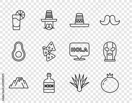 Set line Volcano eruption with lava, Tomato, Mexican sombrero, Tequila bottle, glass lemon, Nachos, Agave and wrestler icon. Vector