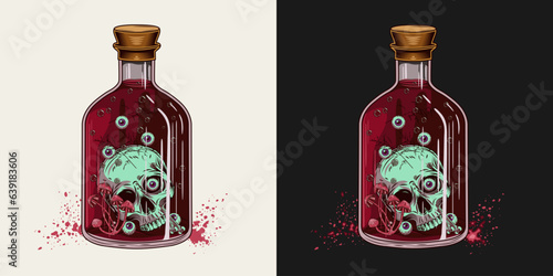 Hand drawn bottle of red potion with half of human skull, eyeballs, mushrooms inside. Halloween creepy illustration in vintage style on white, black background.